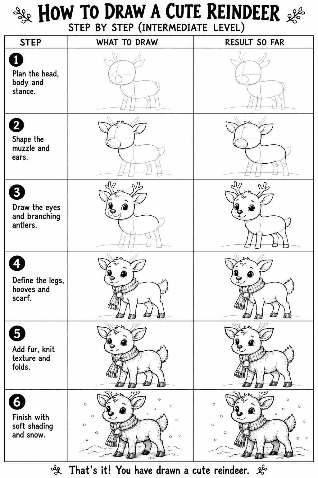 How to draw a cute reindeer step by step: all 6 intermediate steps on one sheet