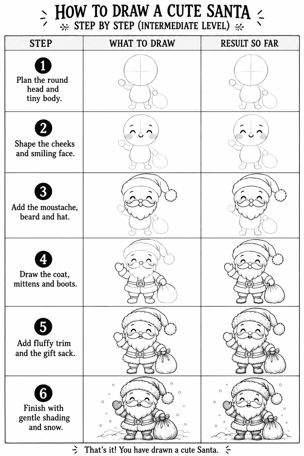 How to draw a cute santa step by step: all 6 intermediate steps on one sheet