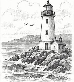 Step 11: add clouds and distant coastline when drawing a lighthouse