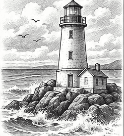 Step 12: finish the dramatic lighthouse drawing when drawing a lighthouse