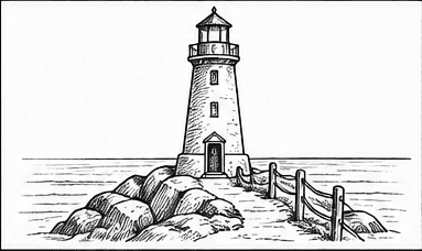 Step 5: texture the stone, rocks and water when drawing a lighthouse