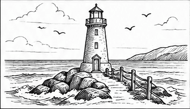 Step 6: finish the coastal lighthouse scene when drawing a lighthouse