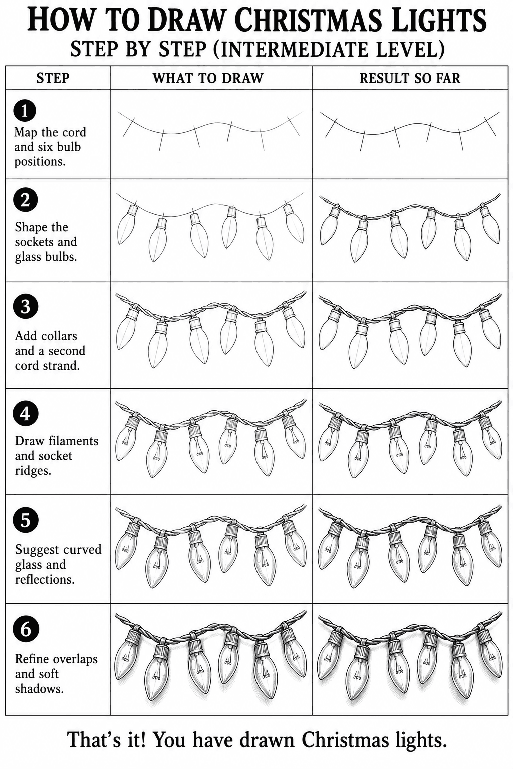 How to draw a christmas lights step by step: all 6 intermediate steps on one sheet