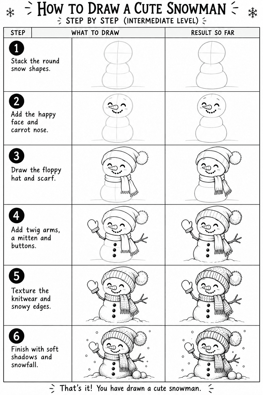 How to draw a cute snowman step by step: all 6 intermediate steps on one sheet